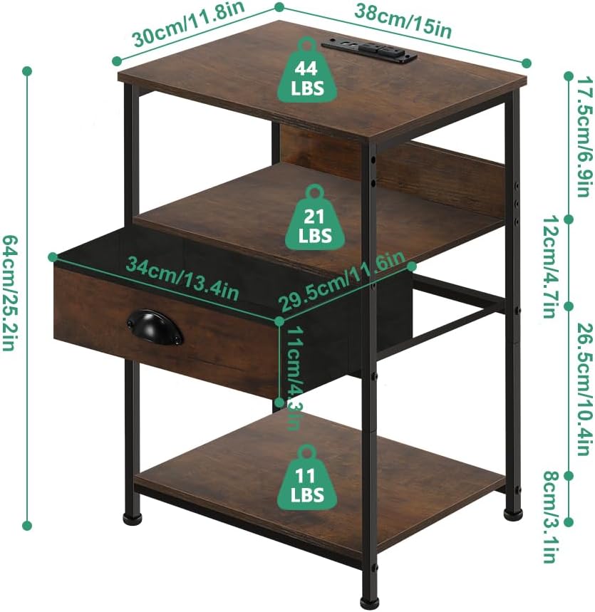 Bed Side Table with Charging Station 3-Tier Storage Industrial nightstand with Drawers Good for Bedroom Living Room Rustic Brown