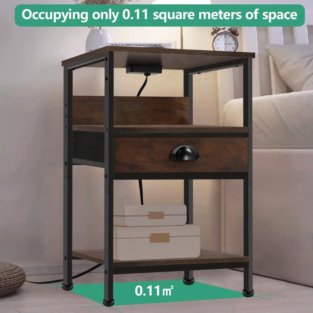 Bed Side Table with Charging Station 3-Tier Storage Industrial nightstand with Drawers Good for Bedroom Living Room Rustic Brown