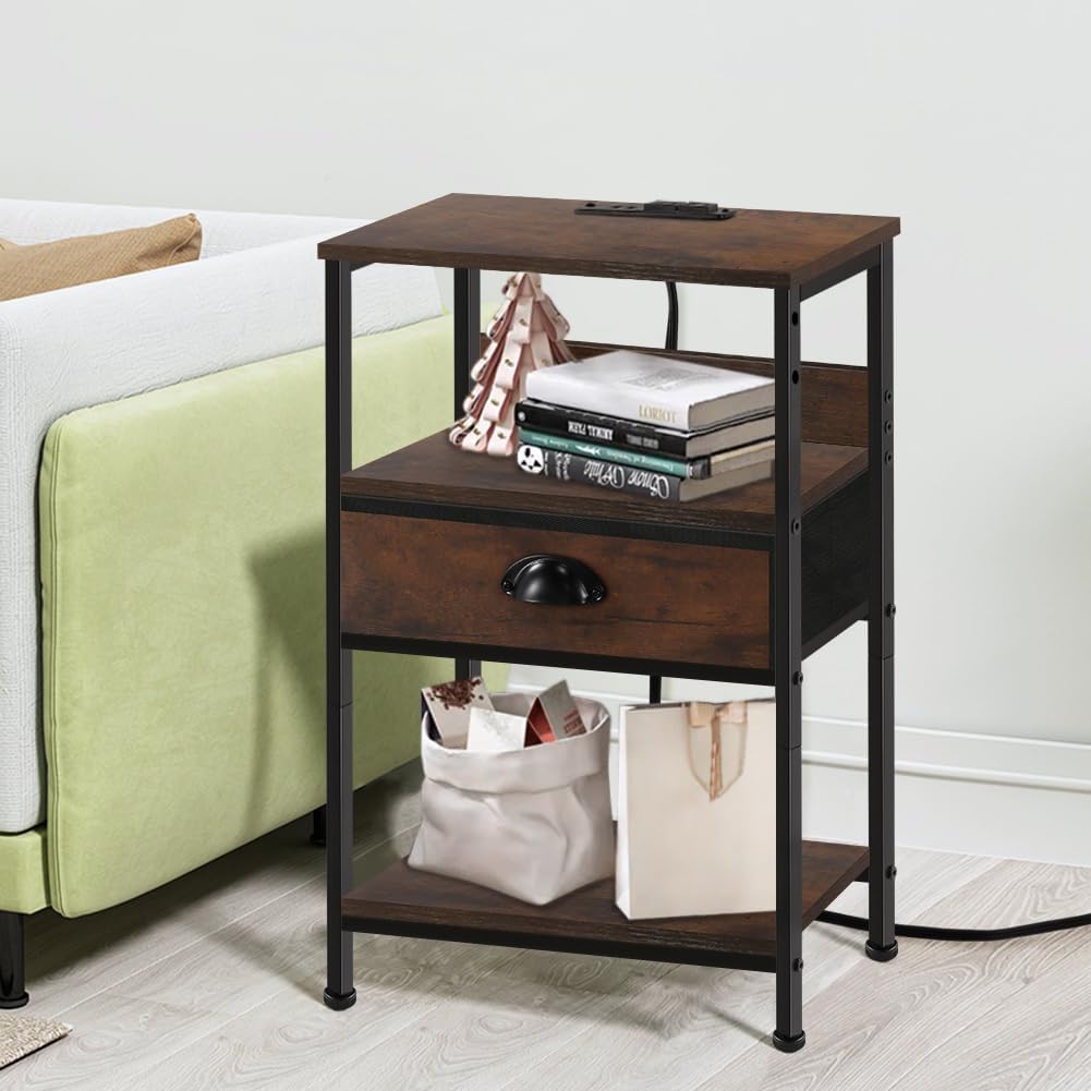Bed Side Table with Charging Station 3-Tier Storage Industrial nightstand with Drawers Good for Bedroom Living Room Rustic Brown