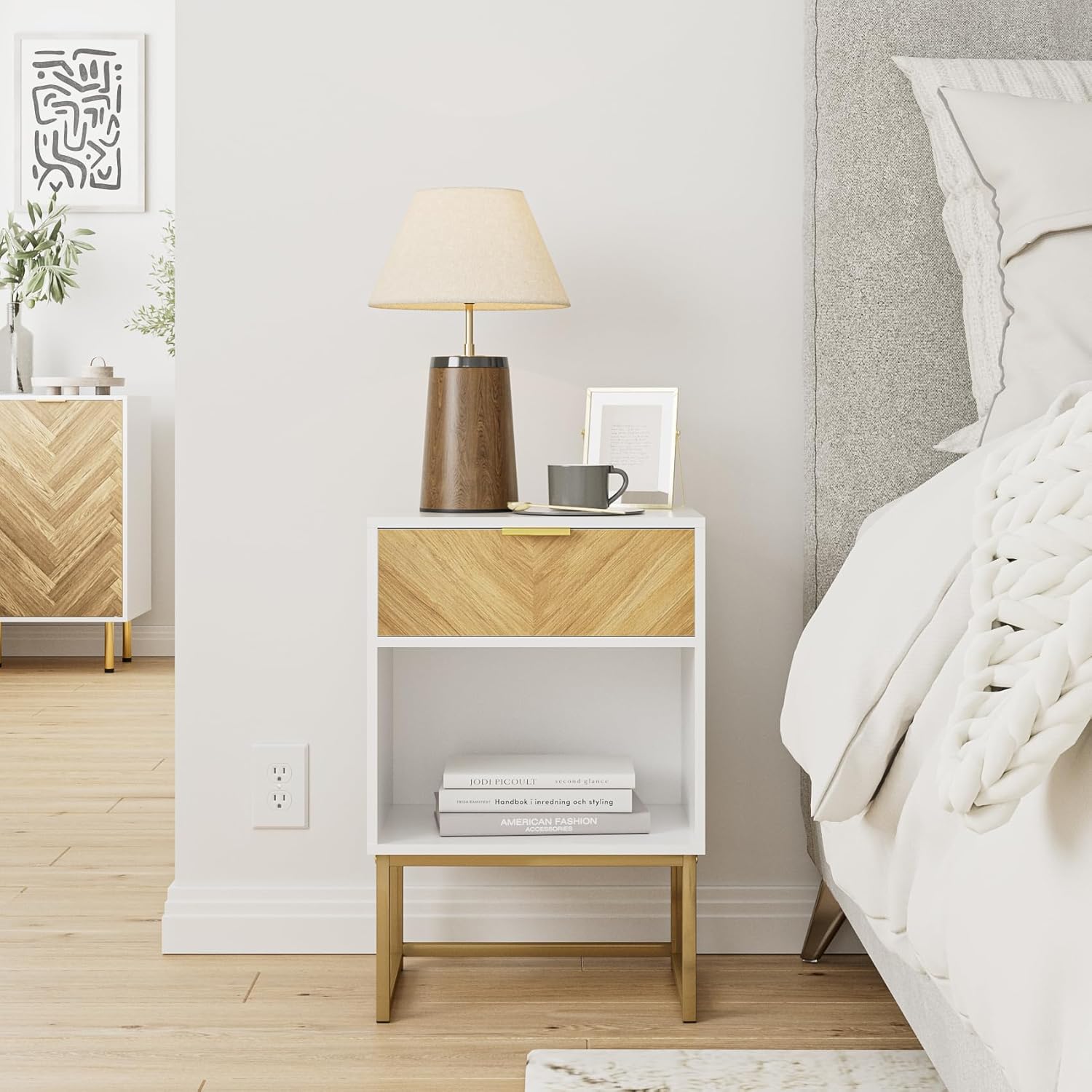 Nightstand,Modern Night Stand Boho Farmhouse Wood Bedside Table with Storage Drawer Side End Table for Bedroom,Living Room,Office,White