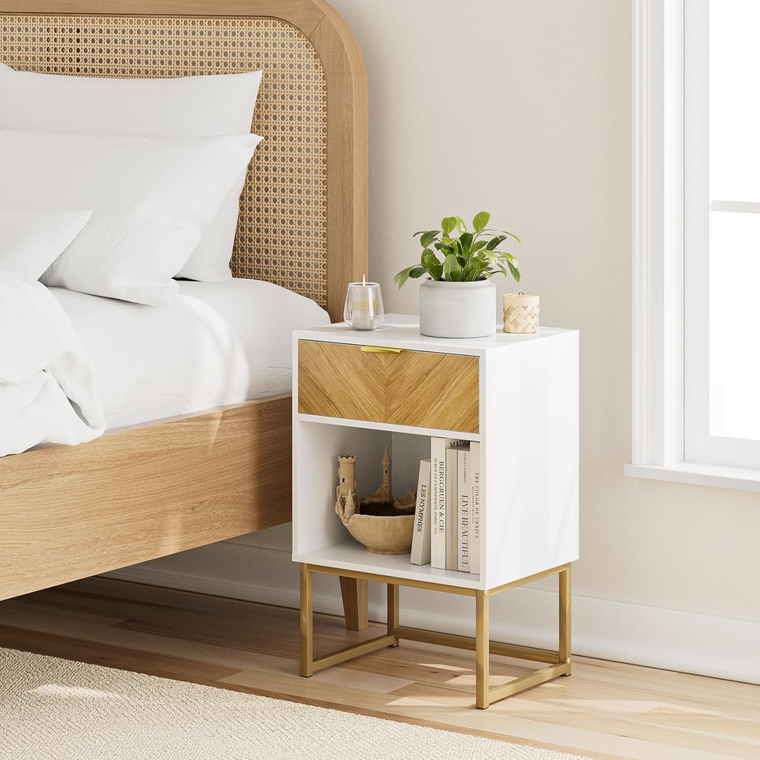 Nightstand,Modern Night Stand Boho Farmhouse Wood Bedside Table with Storage Drawer Side End Table for Bedroom,Living Room,Office,White