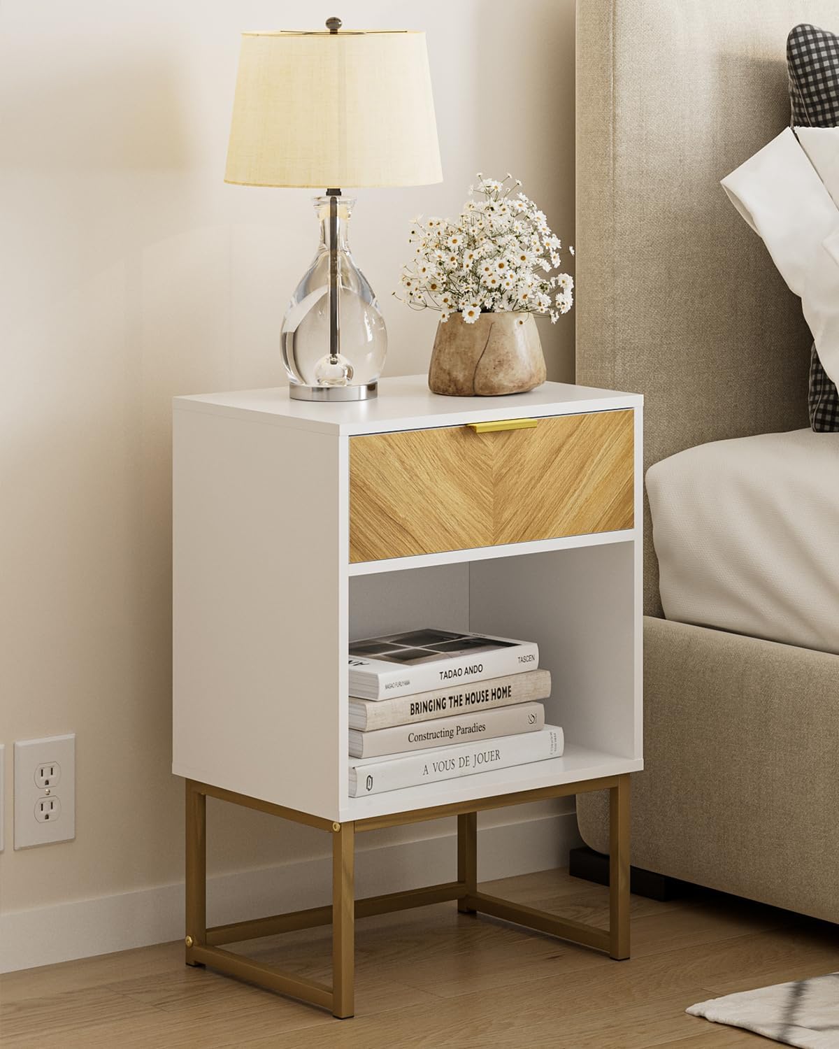 Nightstand,Modern Night Stand Boho Farmhouse Wood Bedside Table with Storage Drawer Side End Table for Bedroom,Living Room,Office,White