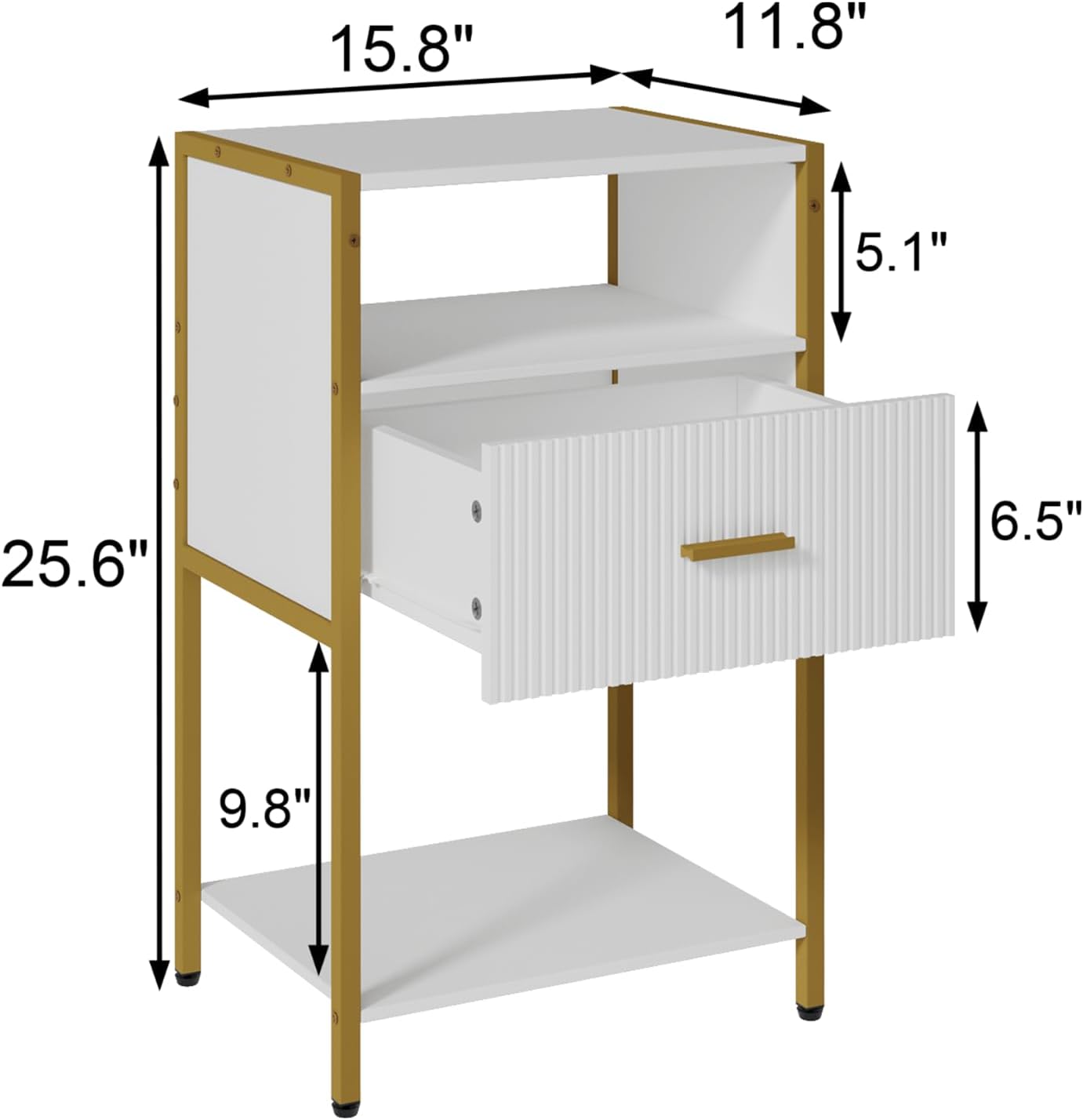 Modern Nightstand, White and Gold Side Table with Drawer, Fluted Bedside Table with 3 Storage Shelves for Living Room, Bedroom