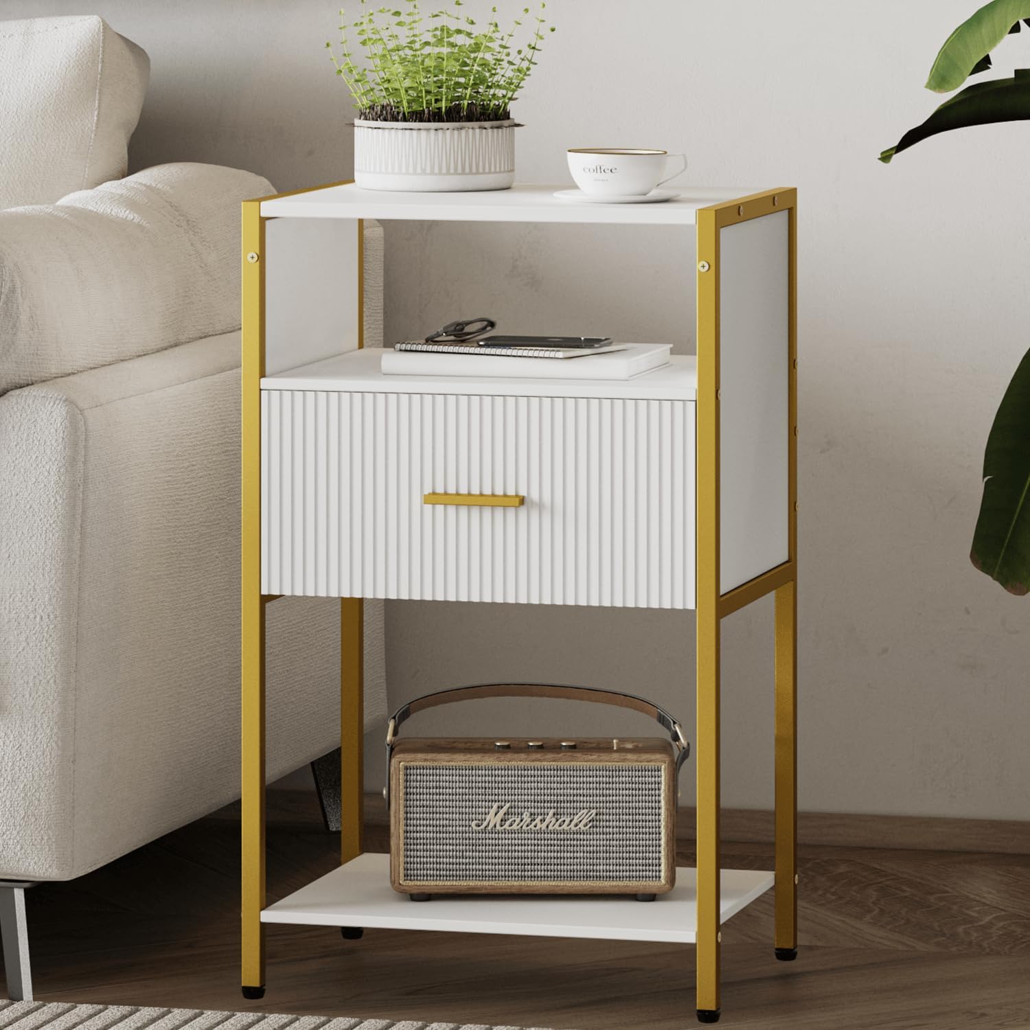 Modern Nightstand, White and Gold Side Table with Drawer, Fluted Bedside Table with 3 Storage Shelves for Living Room, Bedroom