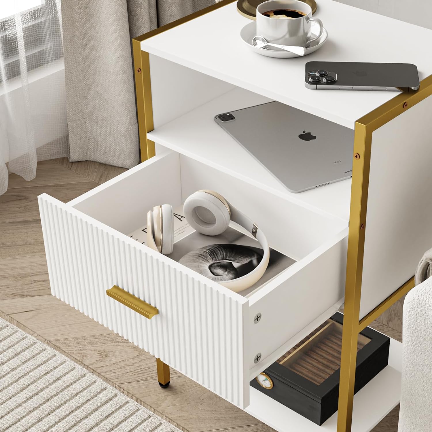 Modern Nightstand, White and Gold Side Table with Drawer, Fluted Bedside Table with 3 Storage Shelves for Living Room, Bedroom