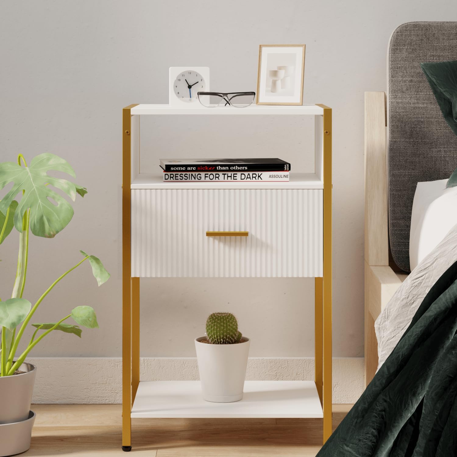 Modern Nightstand, White and Gold Side Table with Drawer, Fluted Bedside Table with 3 Storage Shelves for Living Room, Bedroom