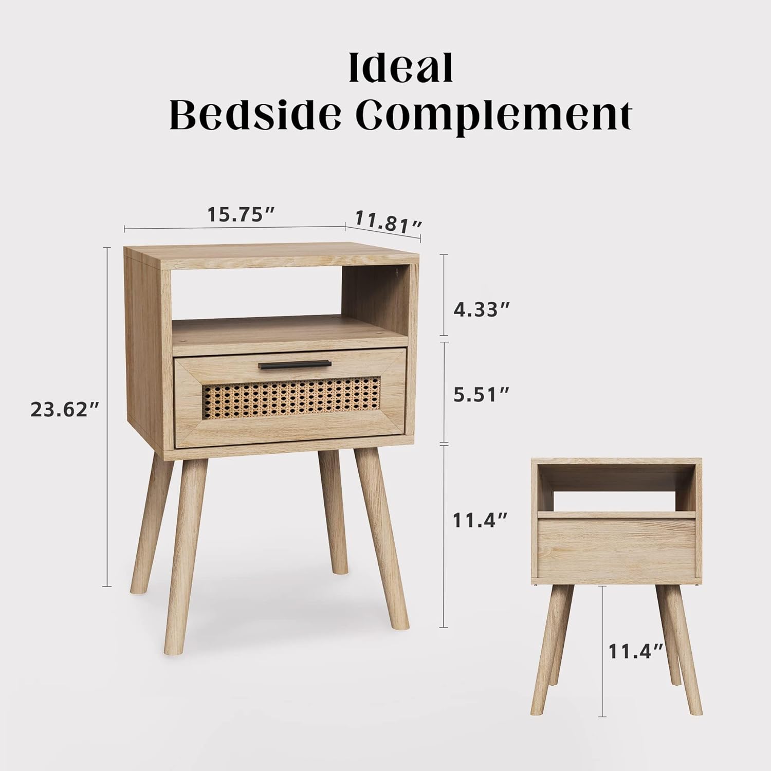 Rattan Night Stand, Boho Nightstand with Drawer Open Storage, Modern Bed Side Table with Solid Wood Feet for Bedroom