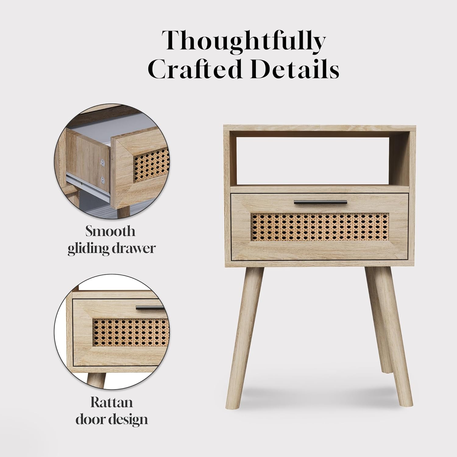 Rattan Night Stand, Boho Nightstand with Drawer Open Storage, Modern Bed Side Table with Solid Wood Feet for Bedroom