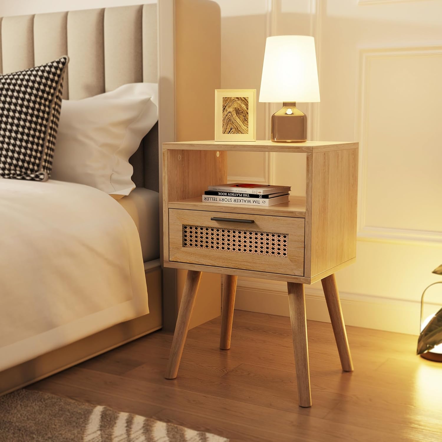 Rattan Night Stand, Boho Nightstand with Drawer Open Storage, Modern Bed Side Table with Solid Wood Feet for Bedroom