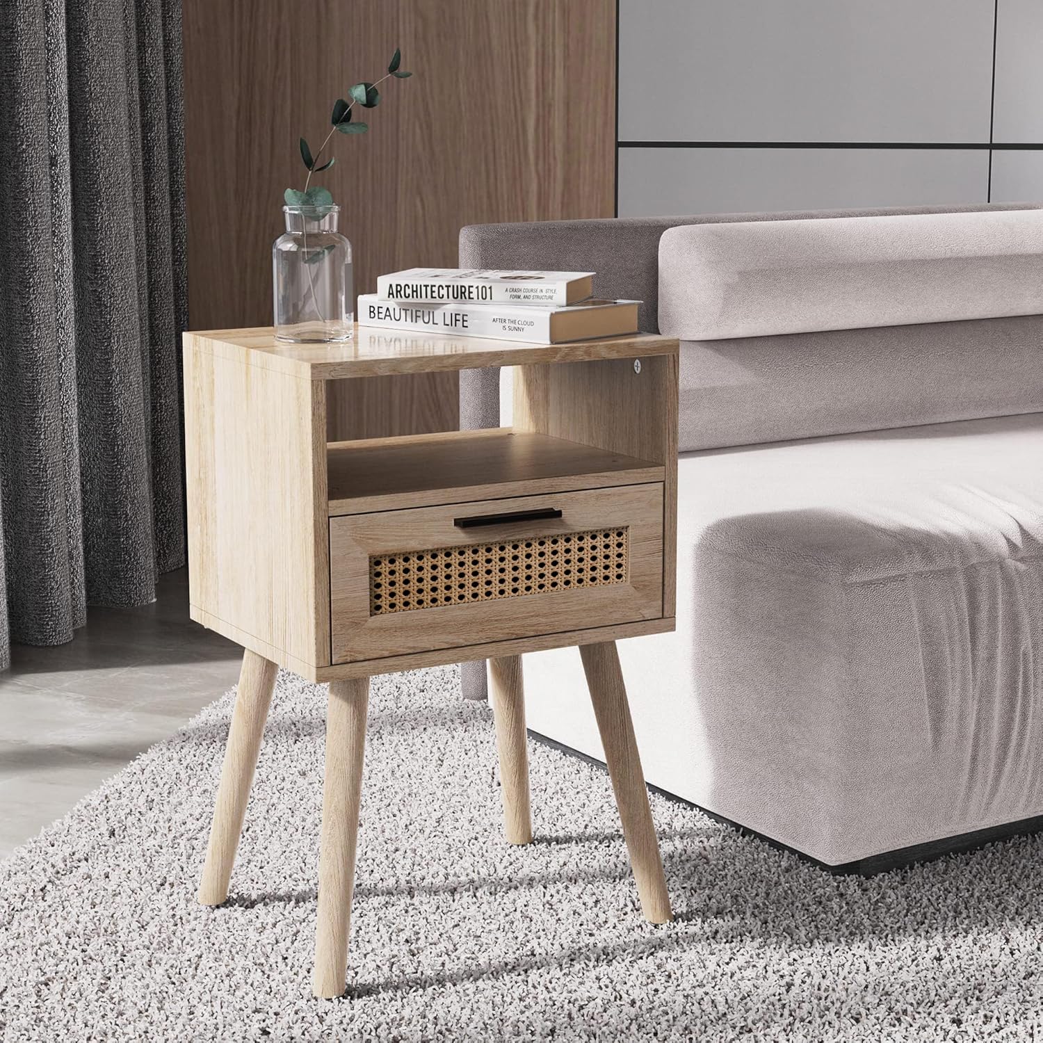Rattan Night Stand, Boho Nightstand with Drawer Open Storage, Modern Bed Side Table with Solid Wood Feet for Bedroom