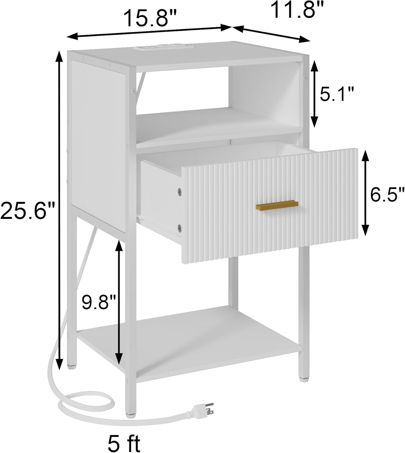 White Nightstand with Charging Station, Fluted Side Table with Drawer, Modern Bedside Table with Open Shelves for Living Room, Bedroom