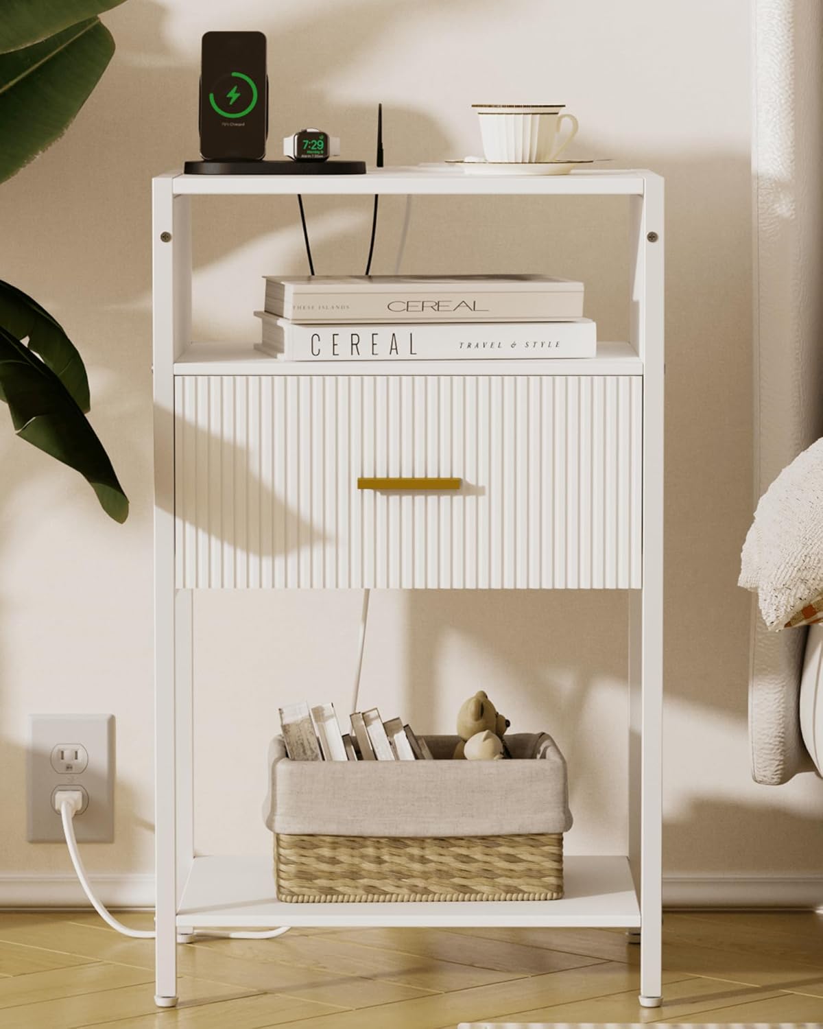 White Nightstand with Charging Station, Fluted Side Table with Drawer, Modern Bedside Table with Open Shelves for Living Room, Bedroom