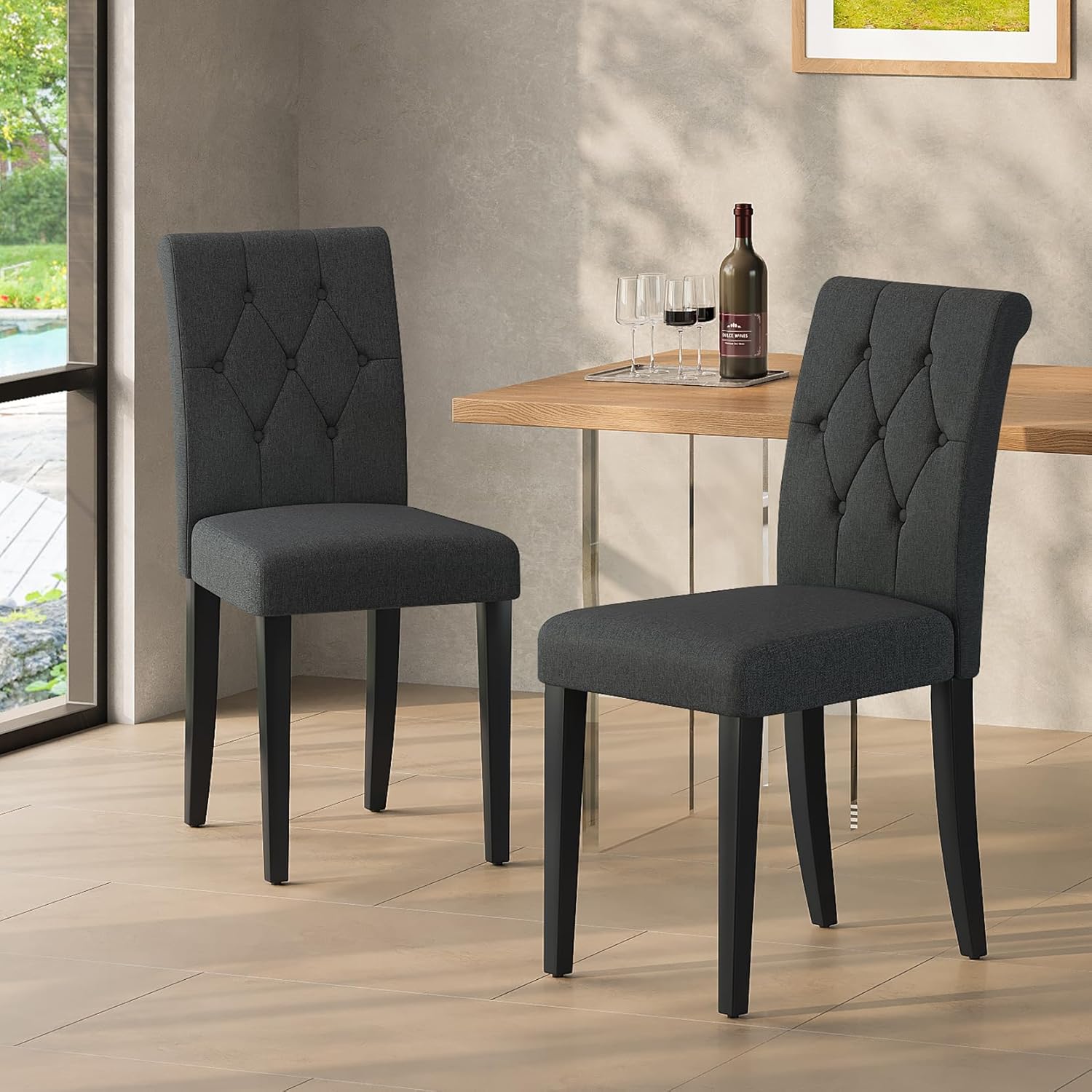 Upholstered Dining Chairs Set of 4, Button Tufted Parsons Dining Chair with Solid Wood Legs, Modern Fabric Side Chair for Dining Room/Kitchen/Restaurant/Hotel- Black