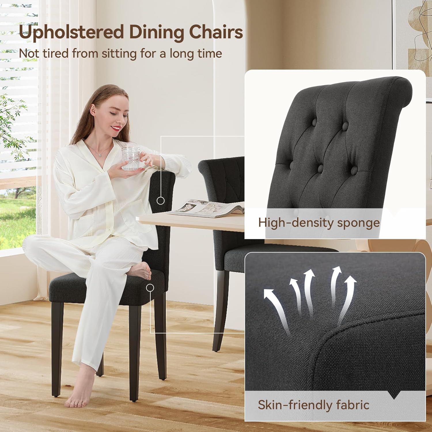 Upholstered Dining Chairs Set of 4, Button Tufted Parsons Dining Chair with Solid Wood Legs, Modern Fabric Side Chair for Dining Room/Kitchen/Restaurant/Hotel- Black