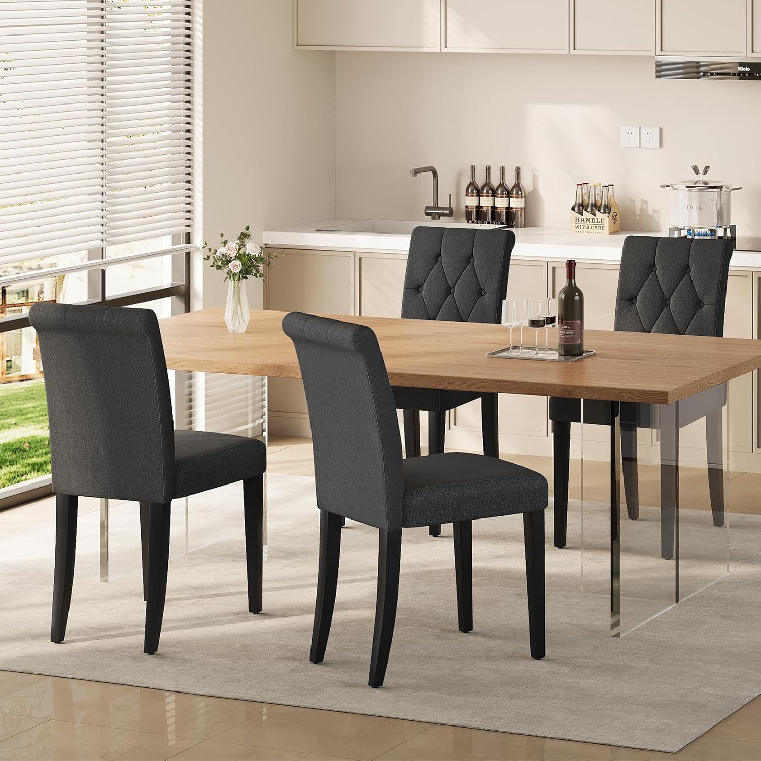 Upholstered Dining Chairs Set of 4, Button Tufted Parsons Dining Chair with Solid Wood Legs, Modern Fabric Side Chair for Dining Room/Kitchen/Restaurant/Hotel- Black