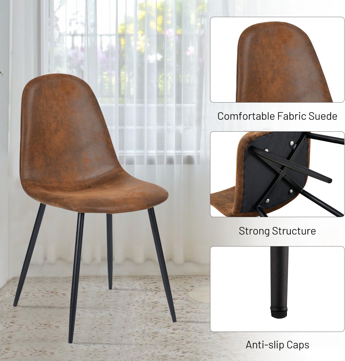 Dining Chairs Comfortable Upholstered Side Seating Armless for Home Kitchen Bedroom Living Room Guest Restaurant Cafe (Brown, Set of 4)