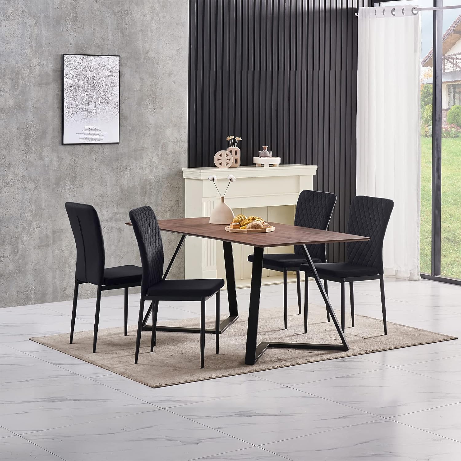 Set of 4 Living Room Chairs Dining Chairs with Velvet, High Back, Metal Frame and Modern Lattice Design for Living Room, Dining Room,Black