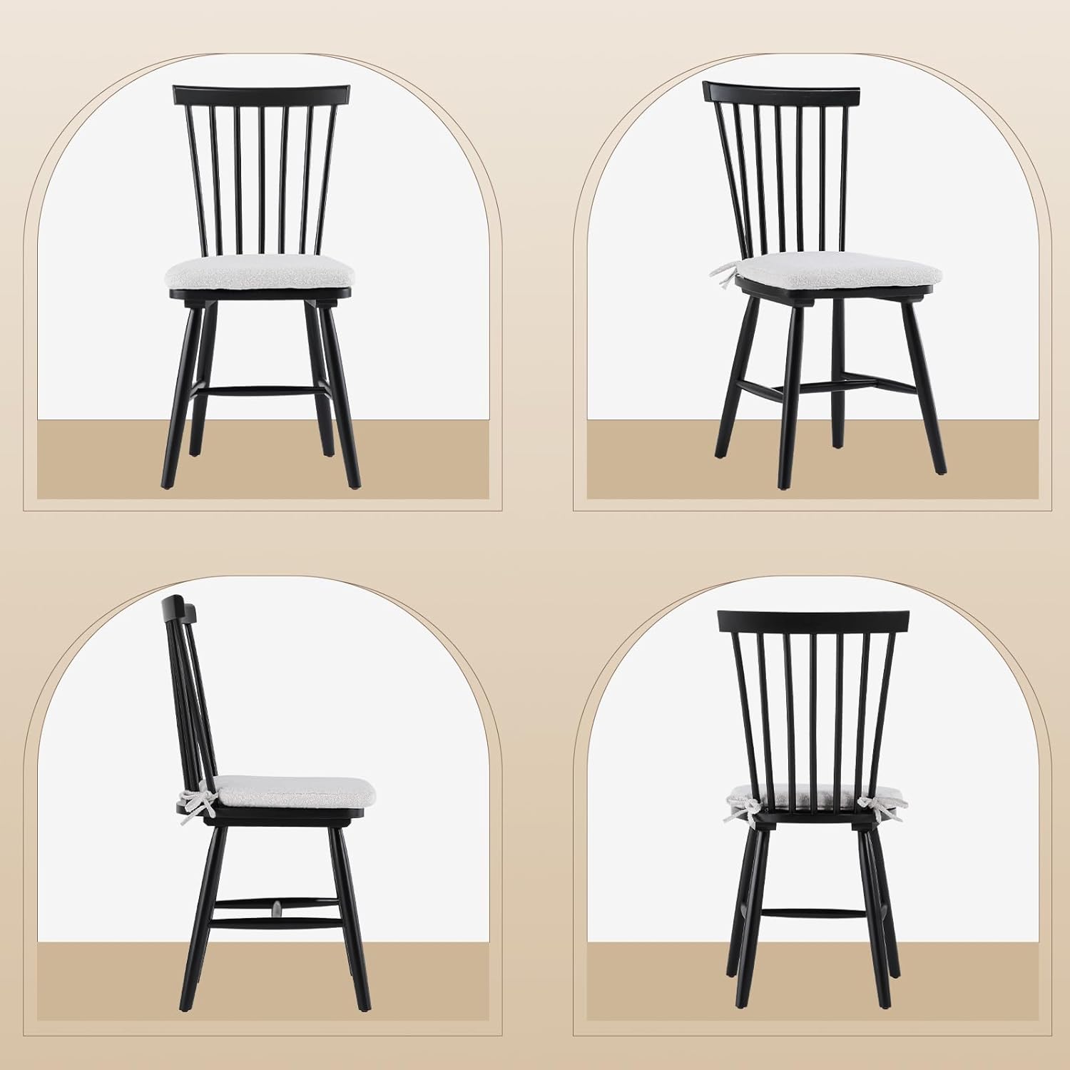 Wooden Dining Chairs Set of 4, Windsor Kitchen Side Chairs with Removable Cushion and Spindle High Back, Wood Dining Room Chair for Kitchen, Restaurant, Black
