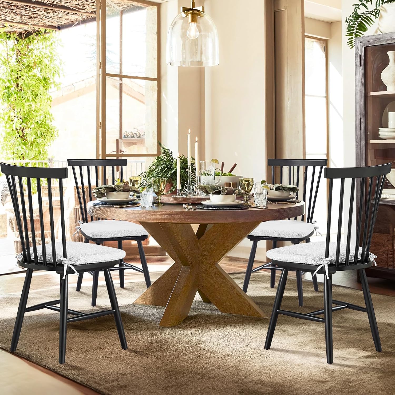 Wooden Dining Chairs Set of 4, Windsor Kitchen Side Chairs with Removable Cushion and Spindle High Back, Wood Dining Room Chair for Kitchen, Restaurant, Black