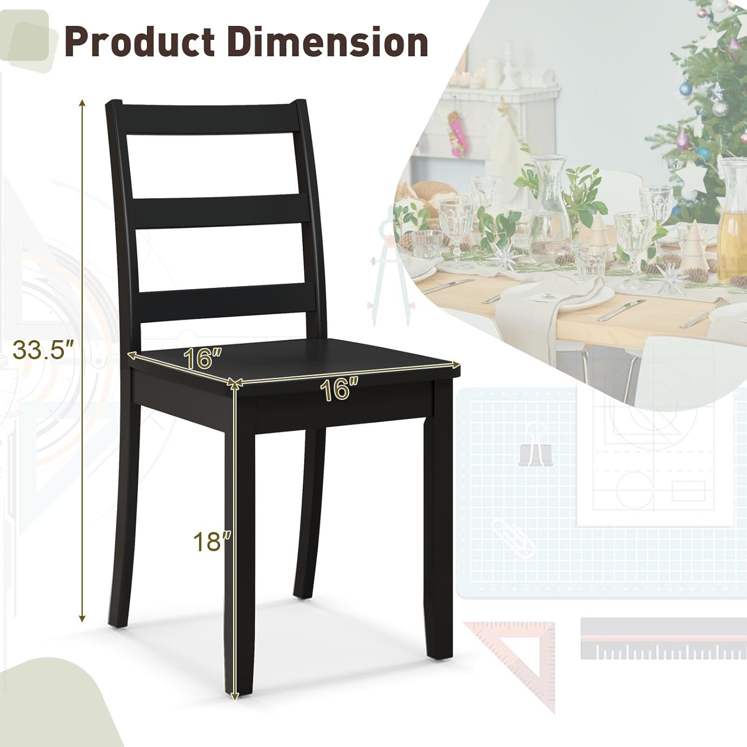 Wood Dining Chairs Set of 2 Black- Wooden Armless Kitchen Chairs with Solid Rubber Wood Legs, Non-Slip Foot Pads, Max Load 400 Lbs, Farmhouse Style High Ladder Back Wooden Dining Room Chairs