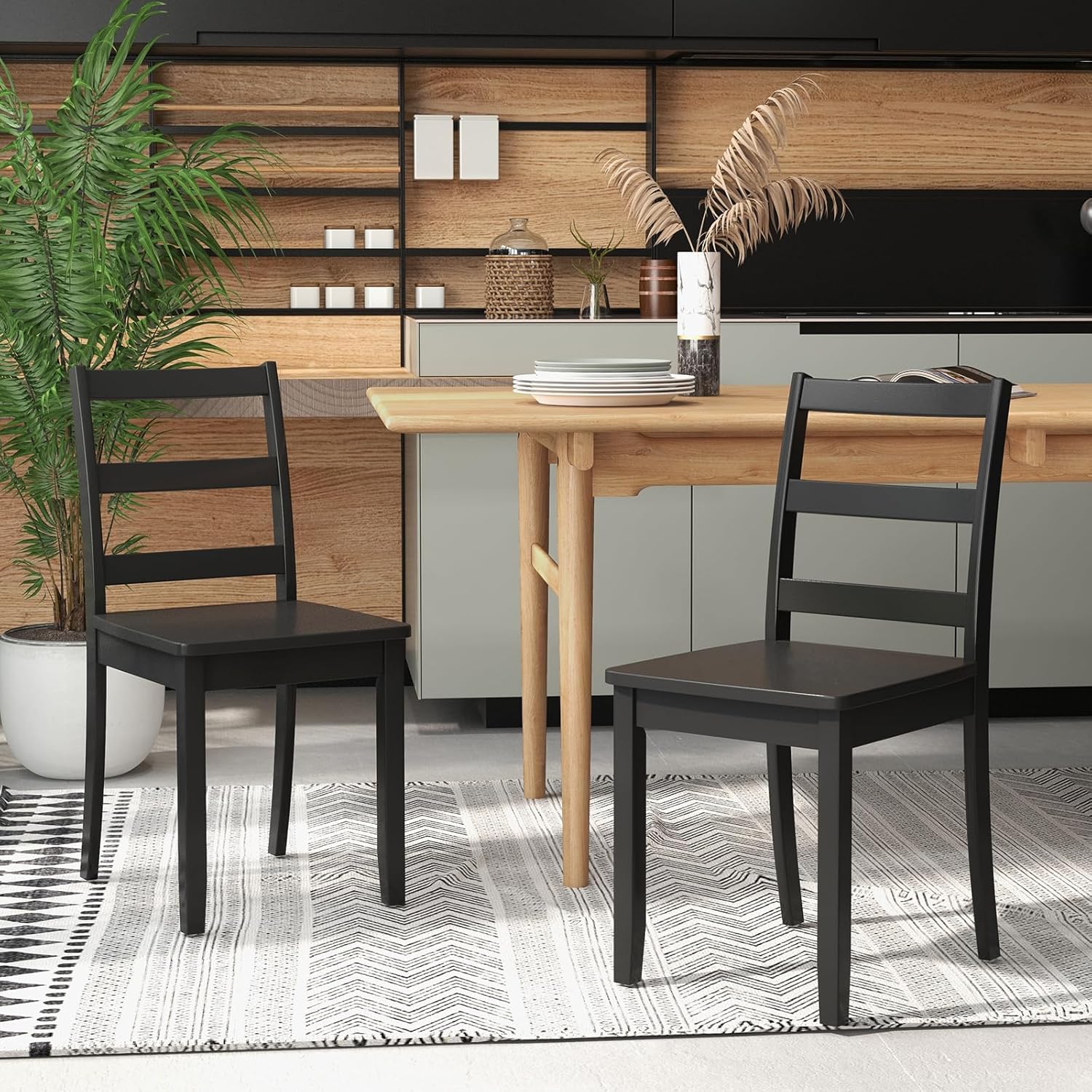 Wood Dining Chairs Set of 2 Black- Wooden Armless Kitchen Chairs with Solid Rubber Wood Legs, Non-Slip Foot Pads, Max Load 400 Lbs, Farmhouse Style High Ladder Back Wooden Dining Room Chairs