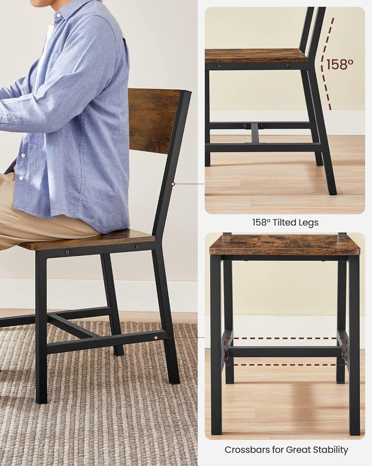 Dining Chair Set of 2, Rustic Wood Chairs with Metal Steel Frame, Easy to Assemble, Comfortable Seat, Modern Farmhouse Chair for Kitchen, Bedroom, Living Room, Rustic Brown and Ink Black