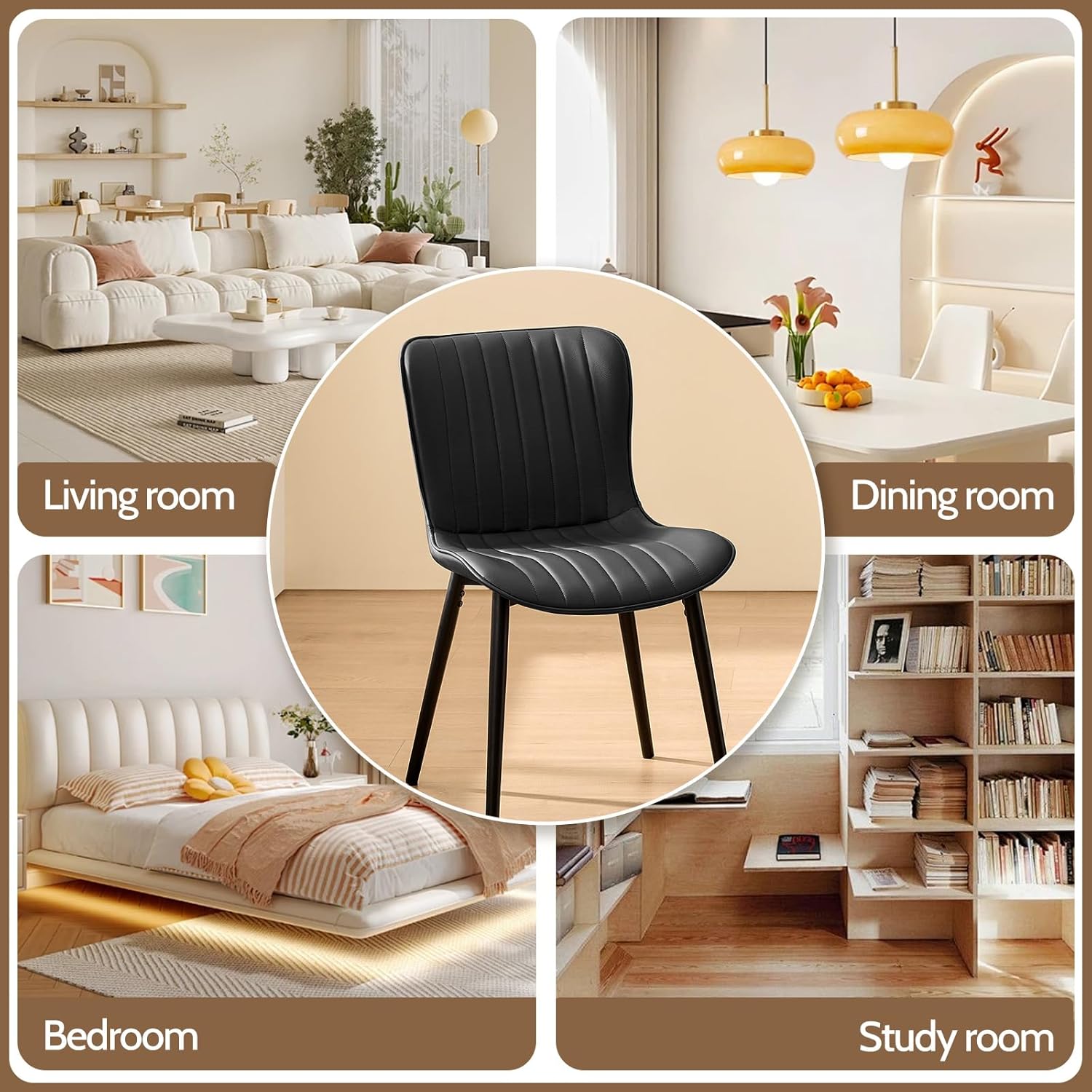 Modern Dining Chairs Set of 4, Heavy Duty Upholstered Side Chairs with Faux Leather, Comfortable Cushions & Durable Metal Legs with Adjustable Feet, Perfect for Kitchen, Dining Room (Black)