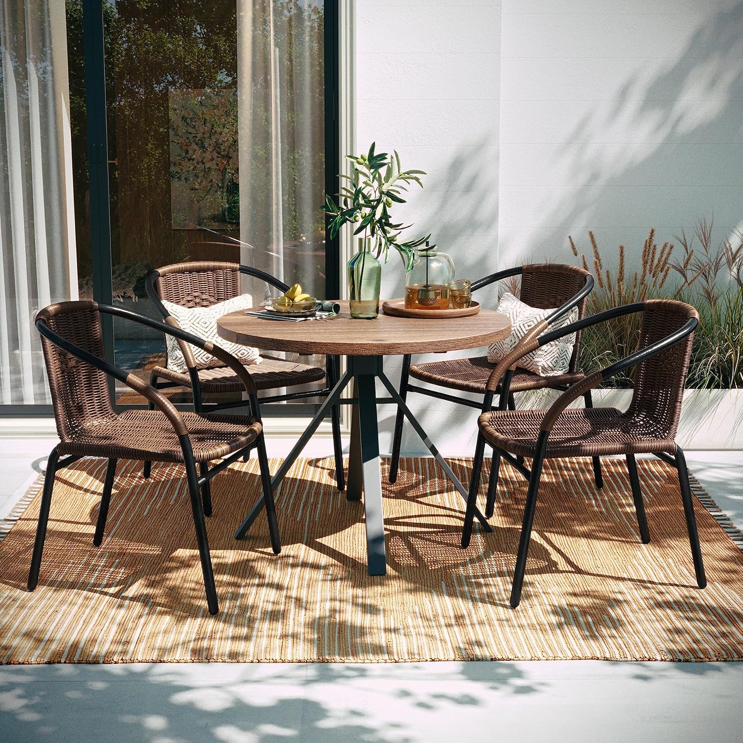 Lila Modern Rattan Indoor/Outdoor Stackable Dining Chairs, Stacking Rattan Bistro Chairs for Patio or Restaurant, Set of 4, Brown