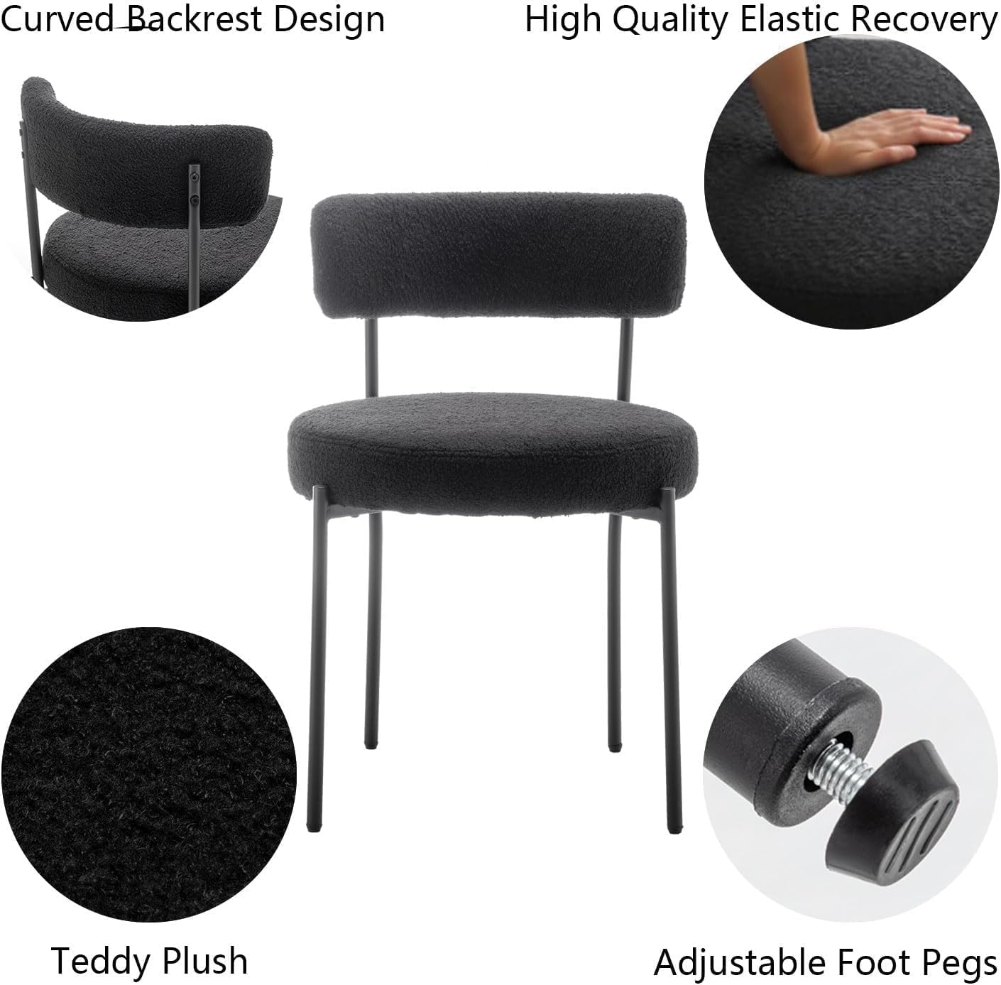 Black Boucle Dining Chairs Set of 4, Upholstered Dining Chairs with Black Metal Legs, Round Modern Dining Chair for Dining Room