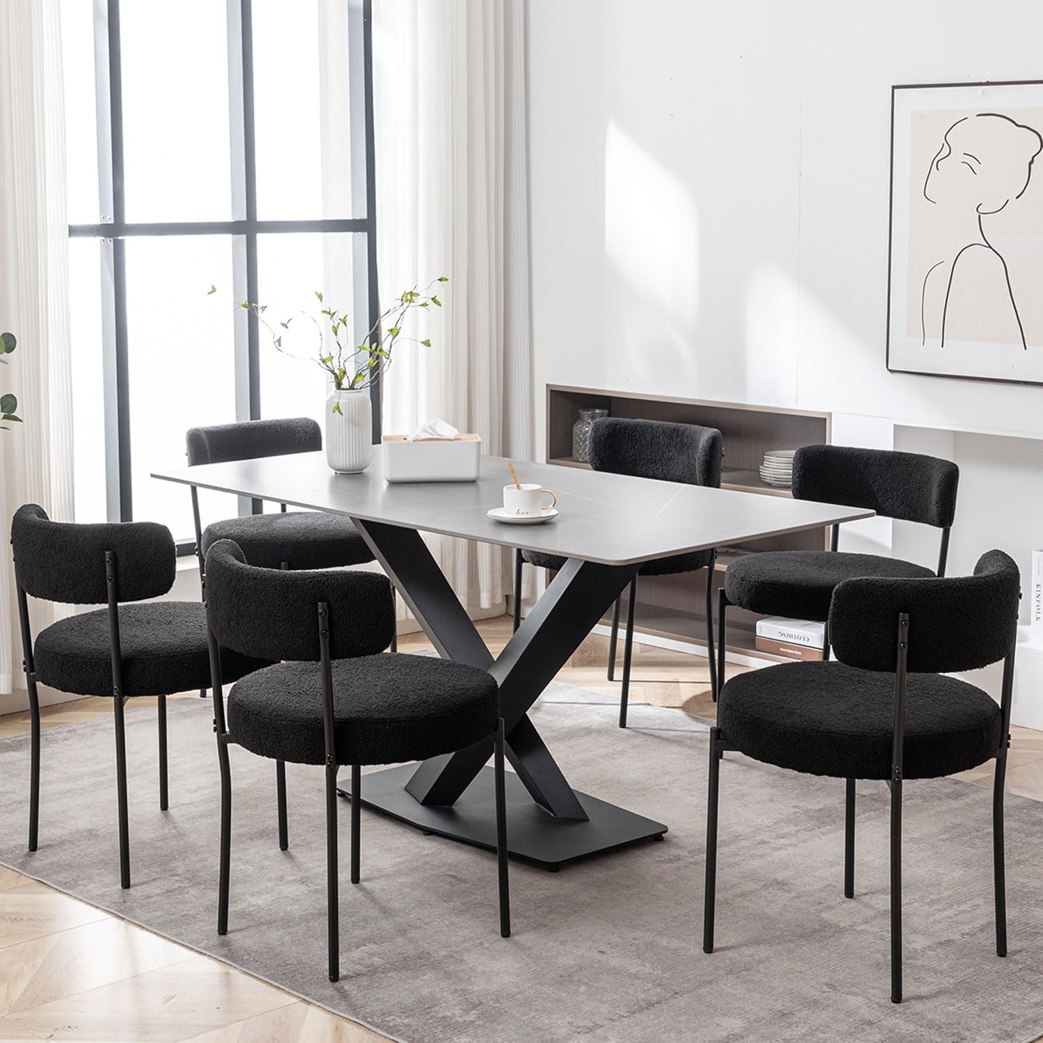 Black Boucle Dining Chairs Set of 4, Upholstered Dining Chairs with Black Metal Legs, Round Modern Dining Chair for Dining Room