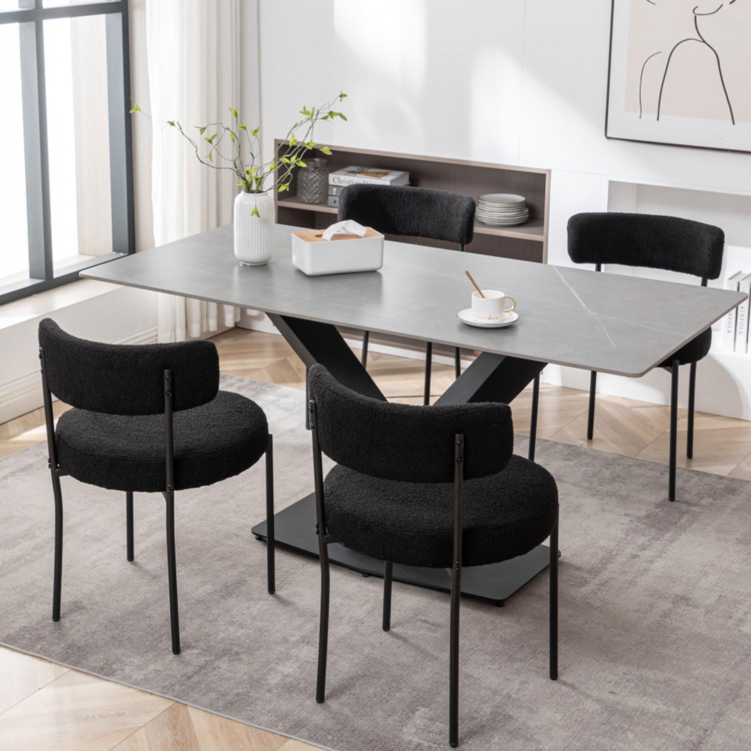 Black Boucle Dining Chairs Set of 4, Upholstered Dining Chairs with Black Metal Legs, Round Modern Dining Chair for Dining Room