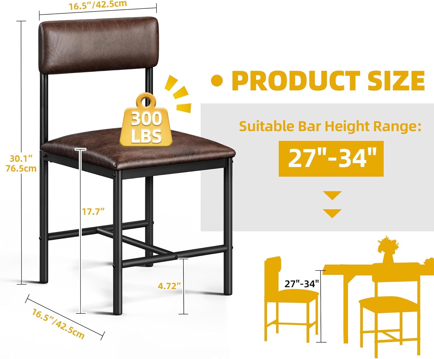 Dining Room Chairs Set of 4 Brown Upholstered Dining Chairs Modern Kitchen Chairs Faux Leather Restaurant Chairs with Metal Legs for Living Room Kitchen and Dining Room, 4 Pack