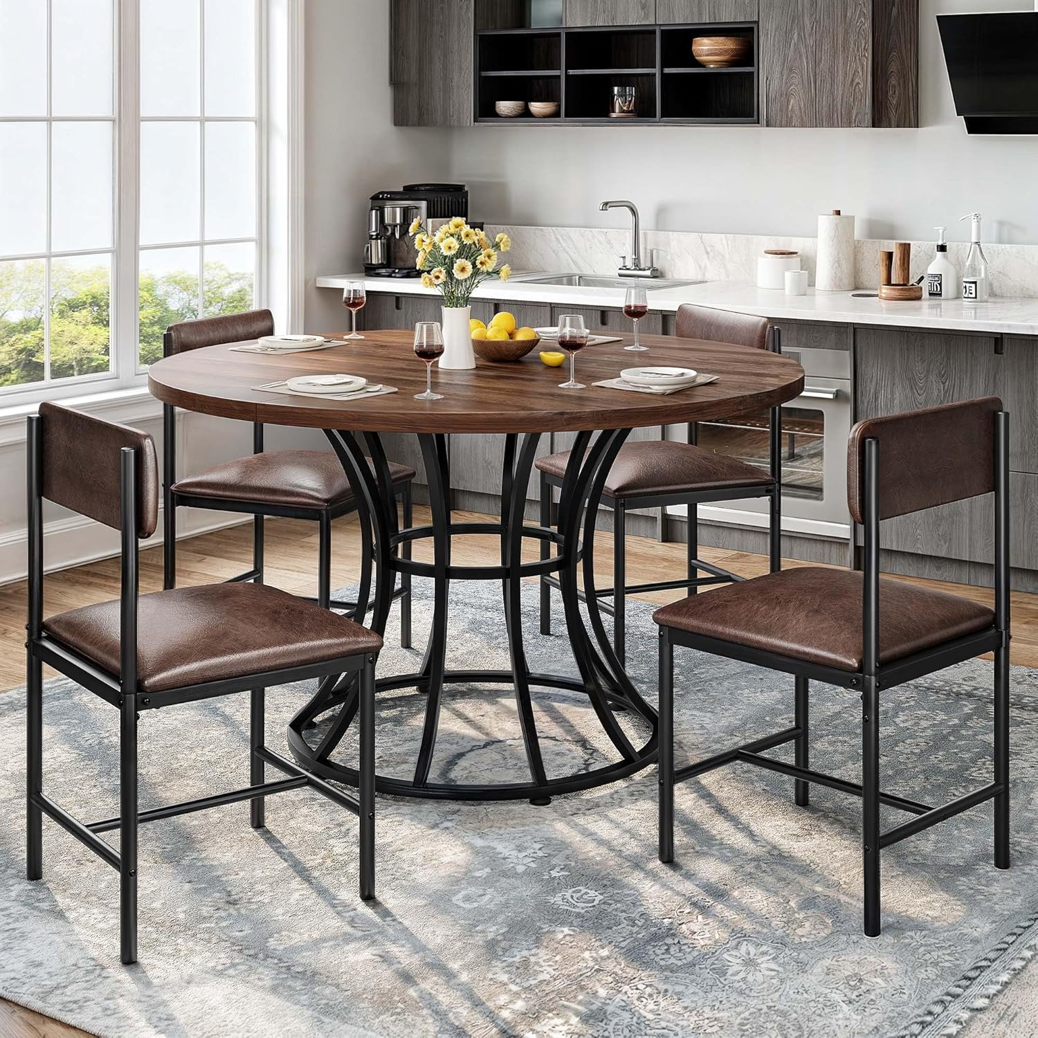Dining Room Chairs Set of 4 Brown Upholstered Dining Chairs Modern Kitchen Chairs Faux Leather Restaurant Chairs with Metal Legs for Living Room Kitchen and Dining Room, 4 Pack