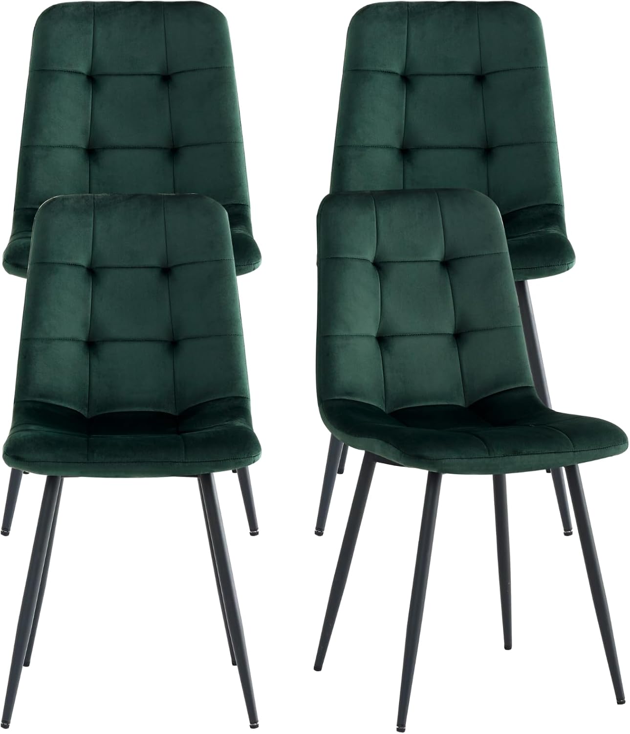 Velvet Dining Chairs Set of 4,Mid-Century Modern Dinning Chairs,Kitchen Chairs with Upholstered Seat and Square-Patterned Backrest,Metal Legs for Dining Room,Living Room,Bedroom,Green