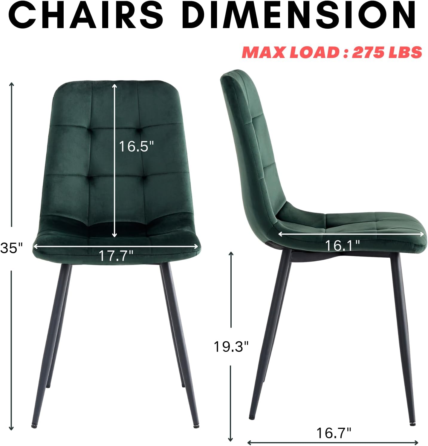 Velvet Dining Chairs Set of 4,Mid-Century Modern Dinning Chairs,Kitchen Chairs with Upholstered Seat and Square-Patterned Backrest,Metal Legs for Dining Room,Living Room,Bedroom,Green