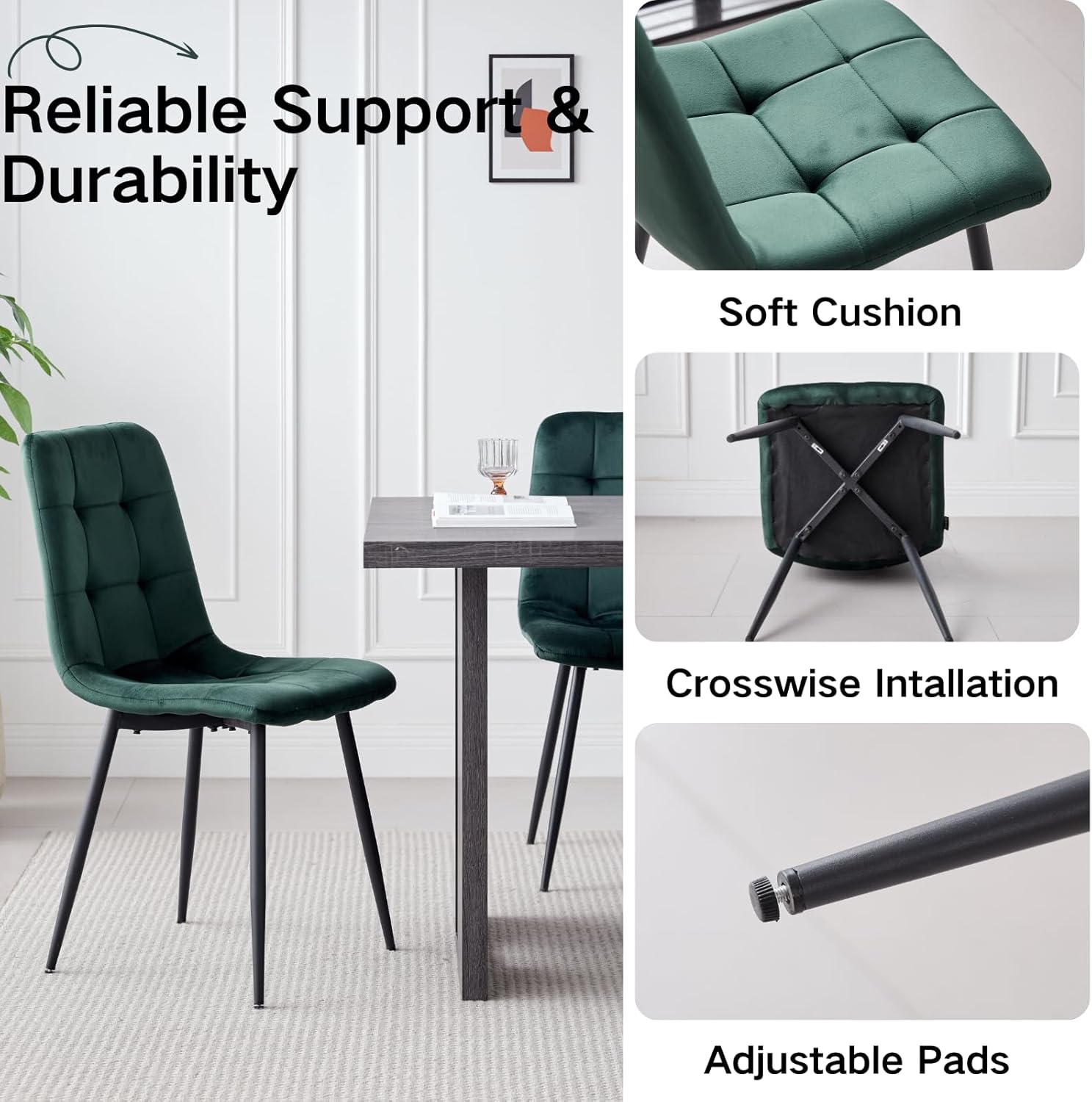 Velvet Dining Chairs Set of 4,Mid-Century Modern Dinning Chairs,Kitchen Chairs with Upholstered Seat and Square-Patterned Backrest,Metal Legs for Dining Room,Living Room,Bedroom,Green