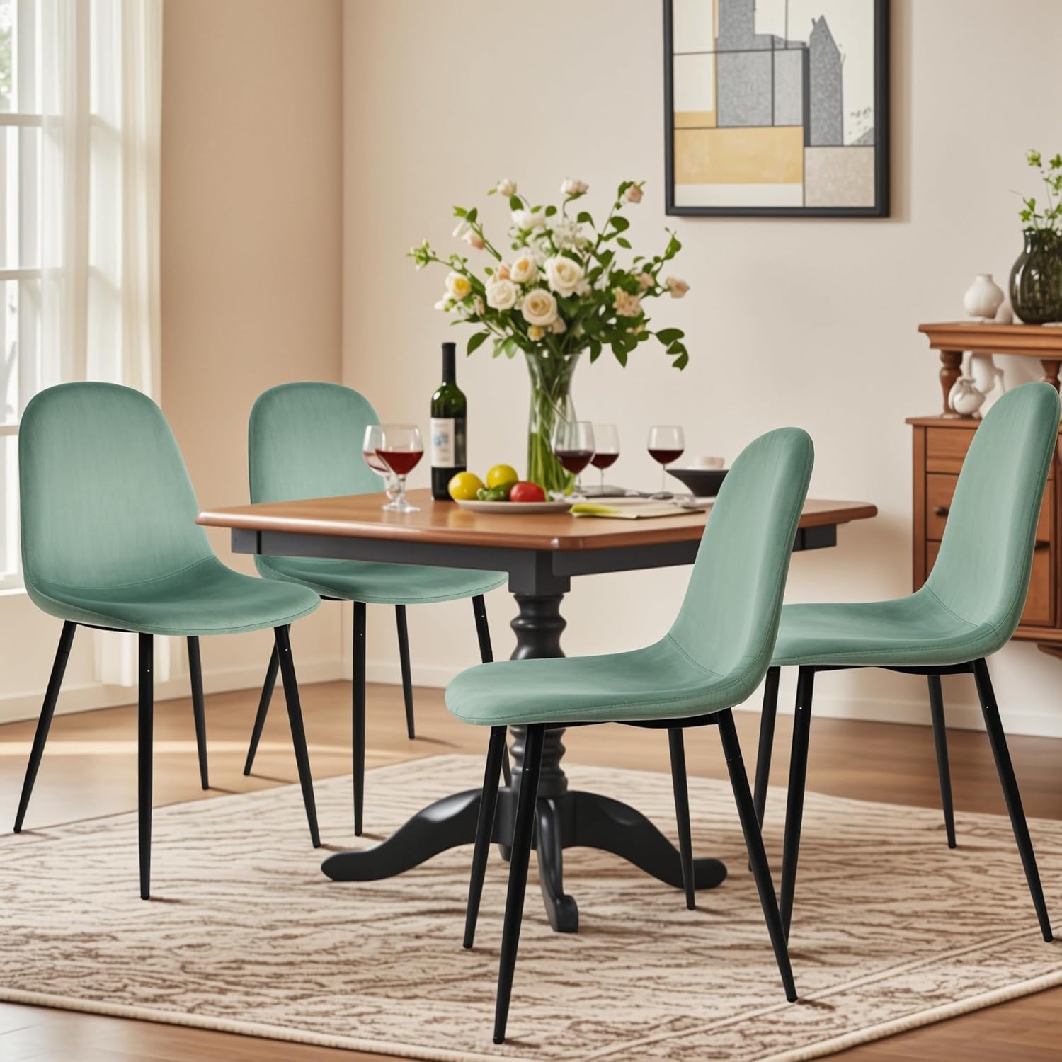 Modern Velvet Chairs with Metal Legs for Living, Bedroom, Restaurant, Dining Room, Set of 4, Light Green