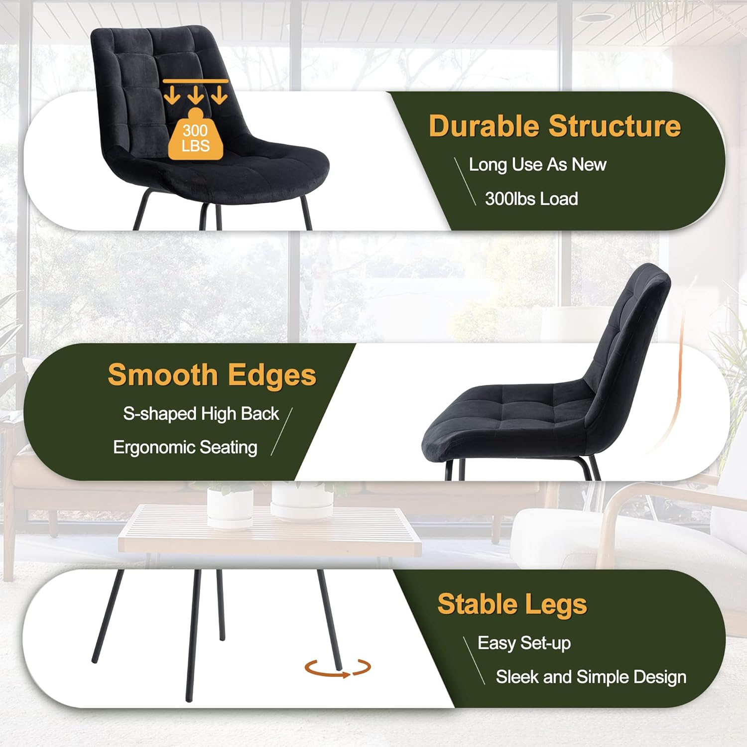 Velvet Dining Chairs, Upholstered Reception Chairs, Tufted Accent Chair with Metal Legs for Home Kitchen, Living Room, Set of 2, Black