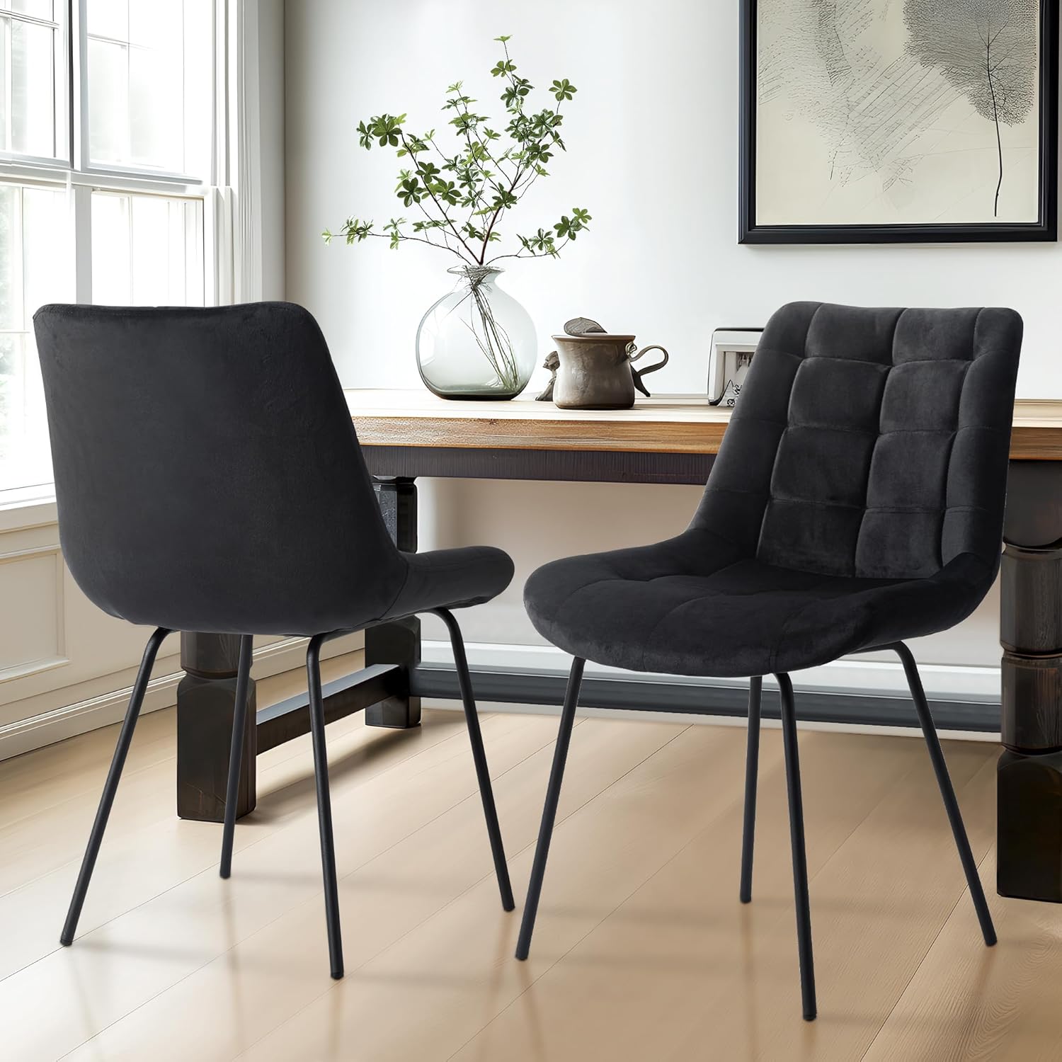 Velvet Dining Chairs, Upholstered Reception Chairs, Tufted Accent Chair with Metal Legs for Home Kitchen, Living Room, Set of 2, Black