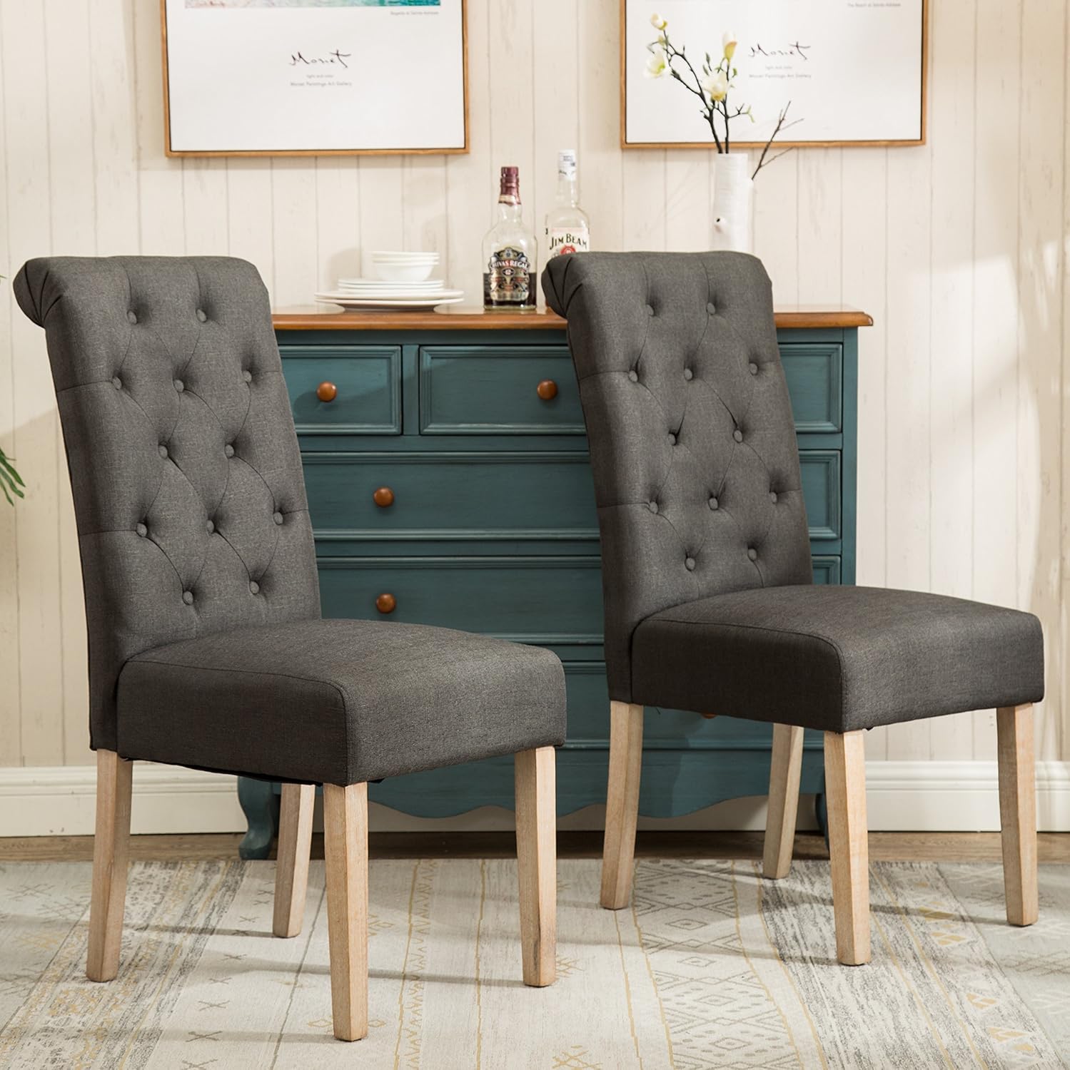 Solid Wood Tufted Parsons Charcoal Dining Chair, Set of 2