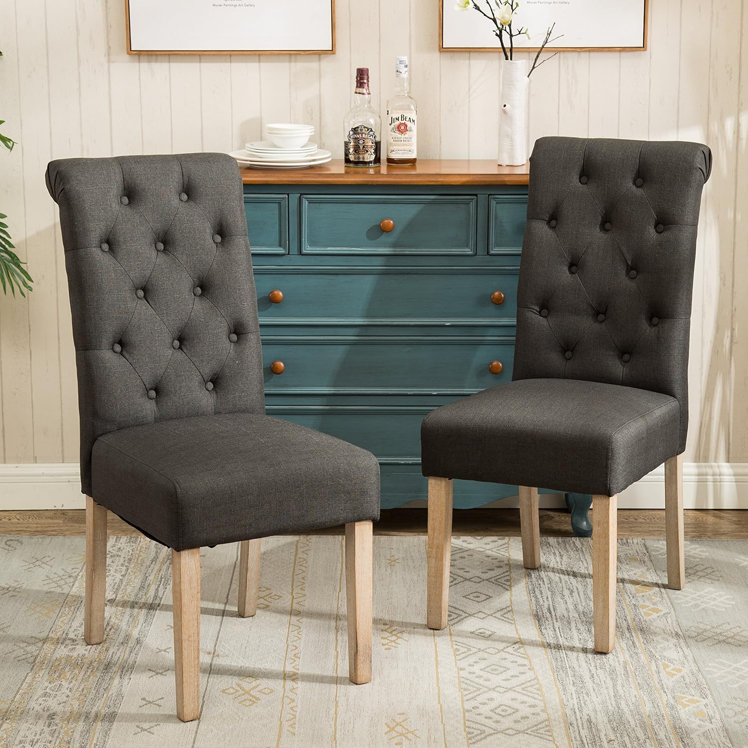 Solid Wood Tufted Parsons Charcoal Dining Chair, Set of 2