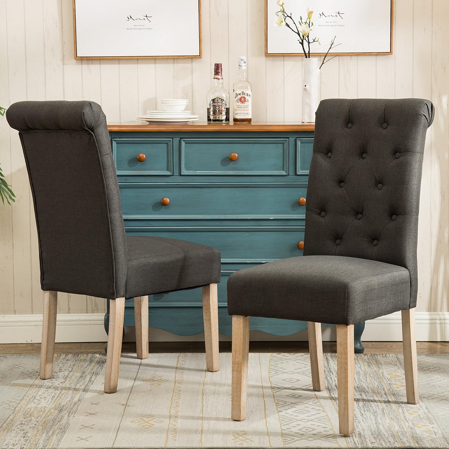 Solid Wood Tufted Parsons Charcoal Dining Chair, Set of 2