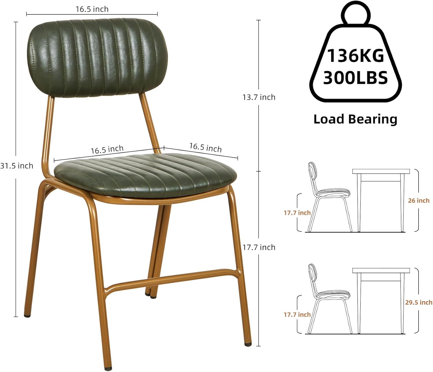 mid Century Modern Retro Faux Leather Dining Chairs Set of 2, Upholstered Seat backrests Metal Plated Legs with Black Foot MatsBlack for Kitchen Dining Room (Dark Green, Set of 2)