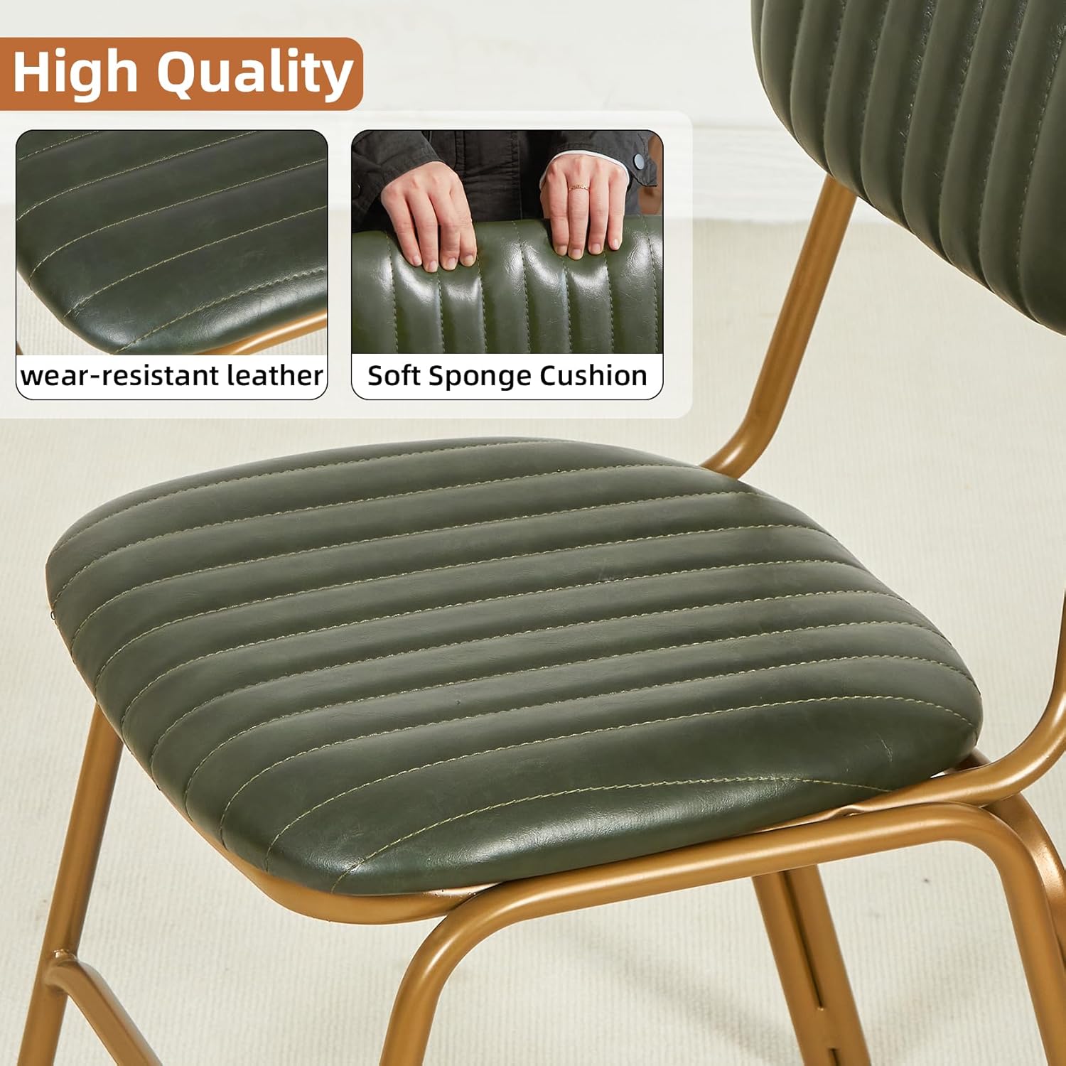mid Century Modern Retro Faux Leather Dining Chairs Set of 2, Upholstered Seat backrests Metal Plated Legs with Black Foot MatsBlack for Kitchen Dining Room (Dark Green, Set of 2)