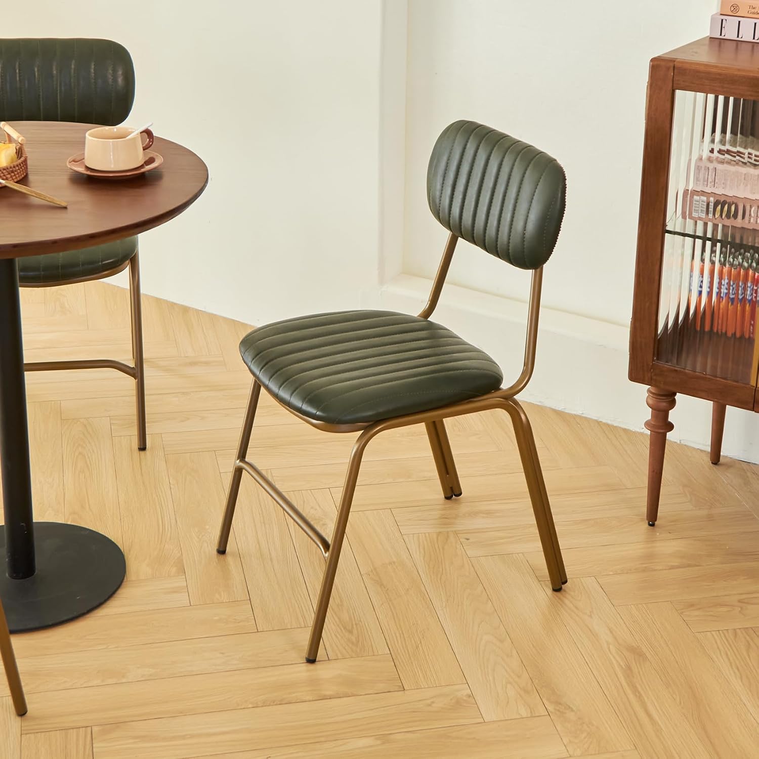 mid Century Modern Retro Faux Leather Dining Chairs Set of 2, Upholstered Seat backrests Metal Plated Legs with Black Foot MatsBlack for Kitchen Dining Room (Dark Green, Set of 2)