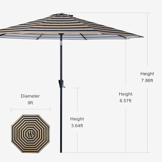 Striped Patio Umbrellas Outdoor Table Market Umbrellas with Crank & Pust Button Tilt|Auto-Tilt, 8 Steel Ribs, High Color-Fastness Canopy
