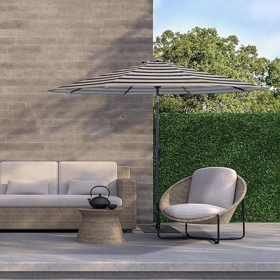 Striped Patio Umbrellas Outdoor Table Market Umbrellas with Crank & Pust Button Tilt|Auto-Tilt, 8 Steel Ribs, High Color-Fastness Canopy