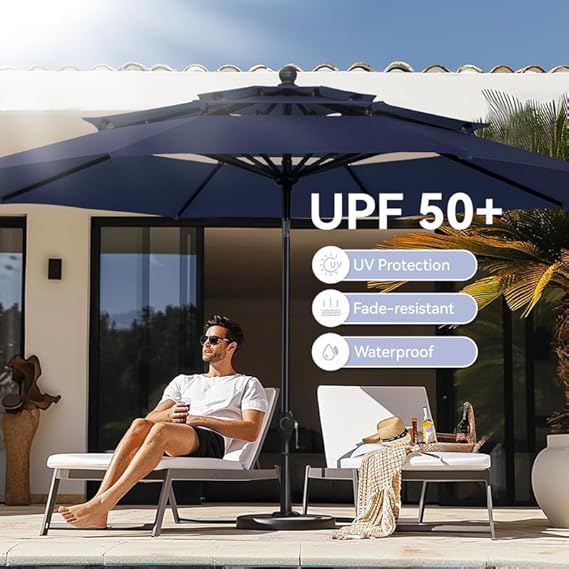 10ft Outdoor Patio Umbrella, Auto-Tilt Market Table Umbrellas with Crank, 8 Sturdy Ribs & 1.5" Pole UV Protection for Garden Deck Backyard Pool