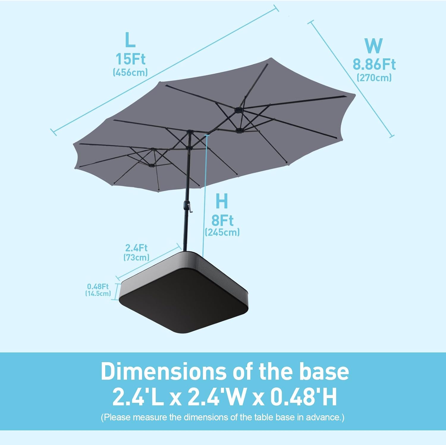 15ft Large Patio Umbrella, Double Sided Extra Large Umbrella with Base, Rectangular Patio Umbrella Double-Sided Umbrella for Yard Lawn Garden,Grey