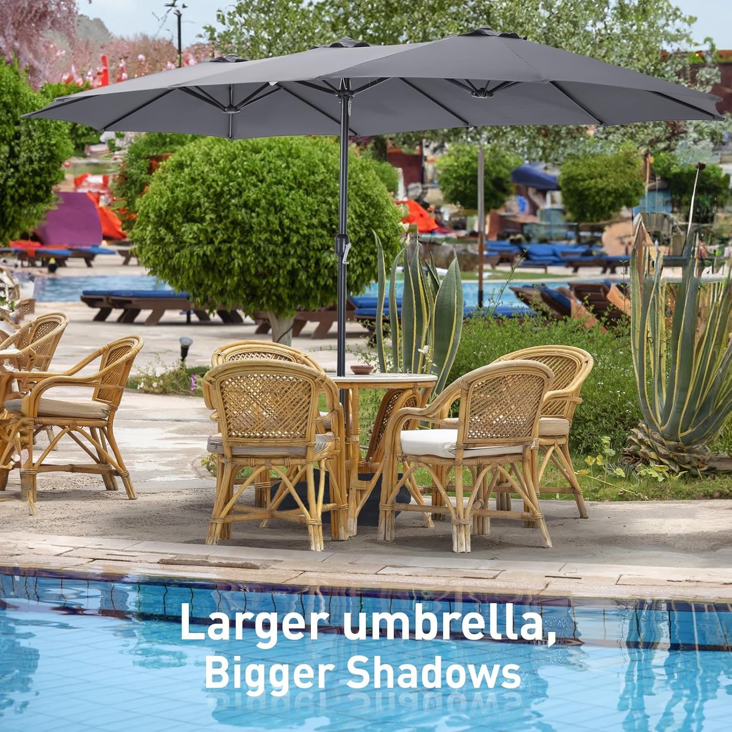 15ft Large Patio Umbrella, Double Sided Extra Large Umbrella with Base, Rectangular Patio Umbrella Double-Sided Umbrella for Yard Lawn Garden,Grey